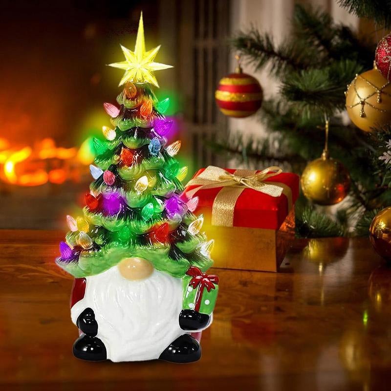 GlowGnome™ – Ceramic Christmas Tree Light-Up Decoration with Colorful LED Bulbs