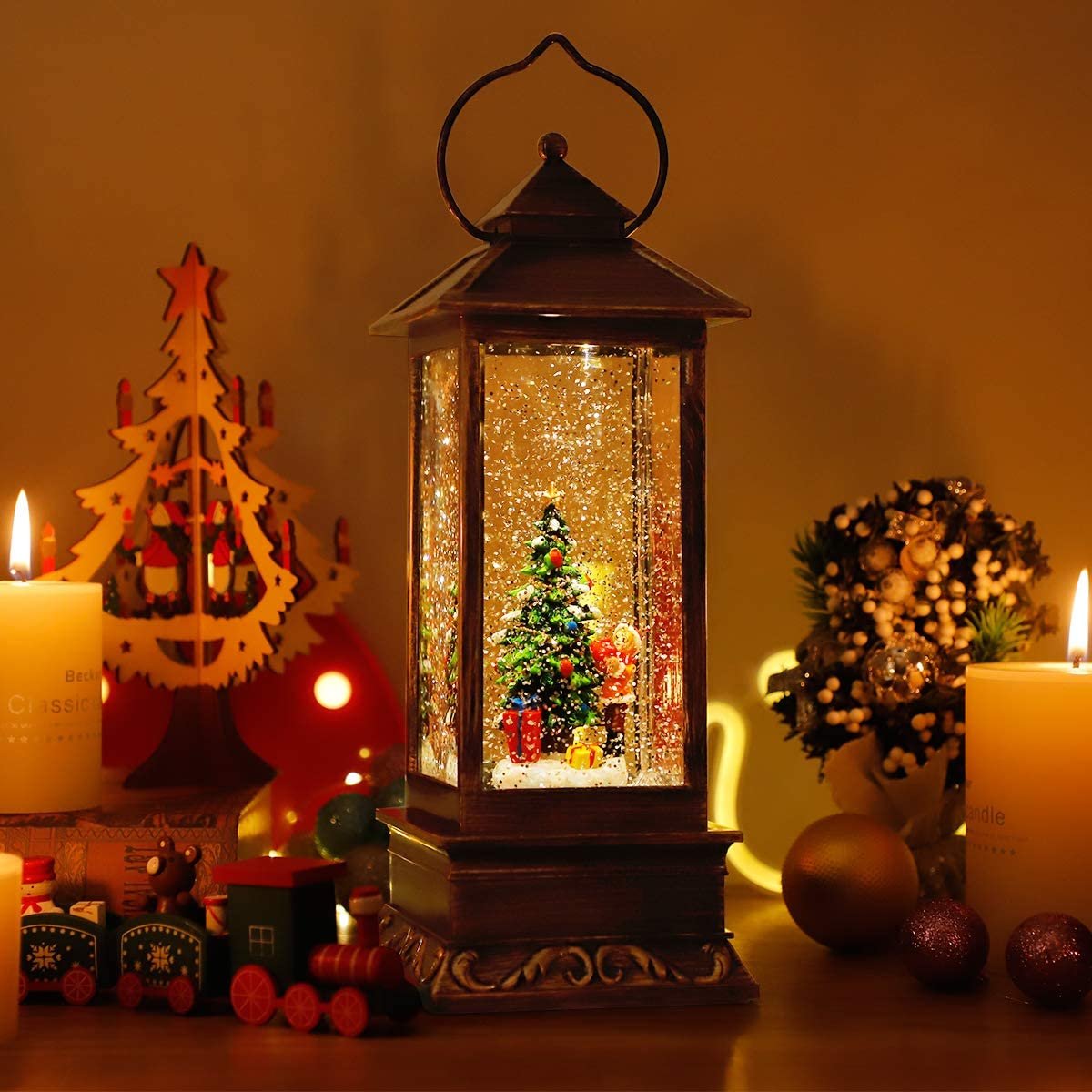 LumaLantern™ – LED Christmas Lantern with Rotating Scene & Glittering Snow Effect