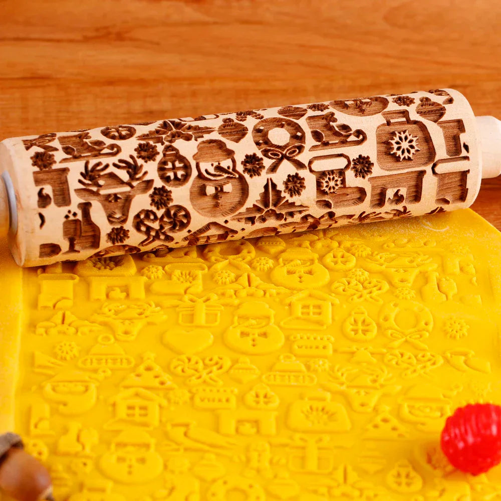 BakeJoy™ – Wooden Embossed Rolling Pin with Festive Christmas Patterns
