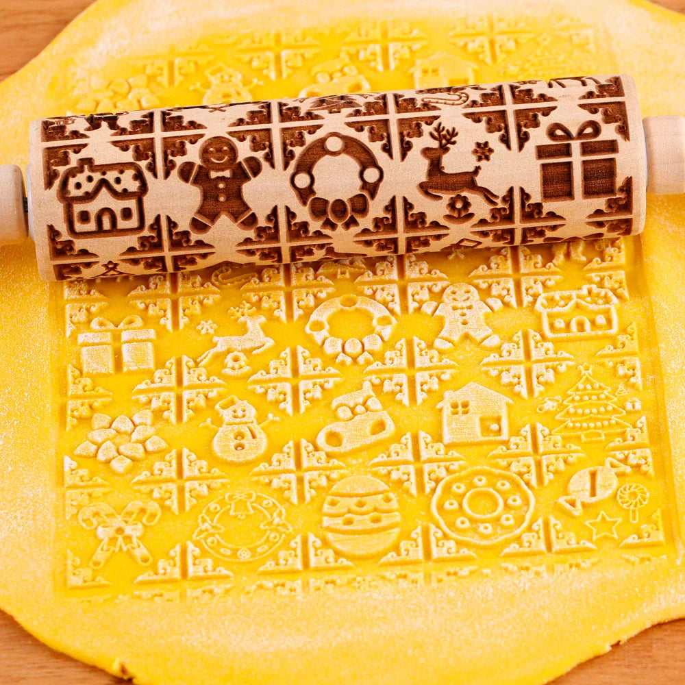 BakeJoy™ – Wooden Embossed Rolling Pin with Festive Christmas Patterns