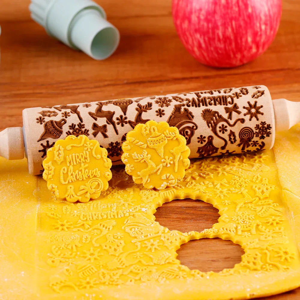 BakeJoy™ – Wooden Embossed Rolling Pin with Festive Christmas Patterns