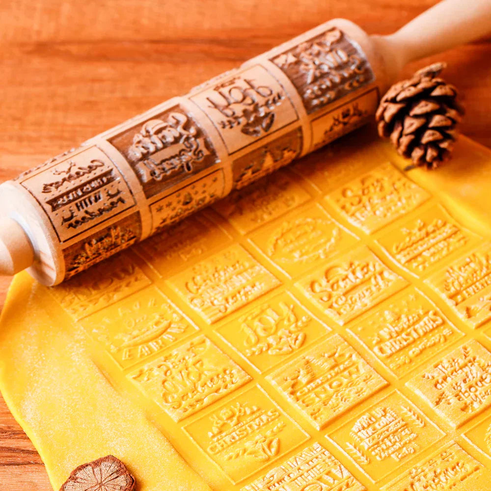 BakeJoy™ – Wooden Embossed Rolling Pin with Festive Christmas Patterns