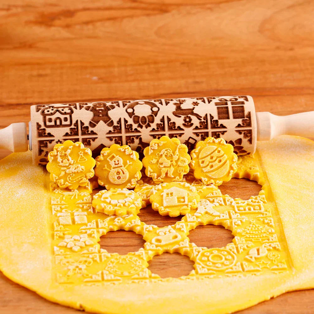 BakeJoy™ – Wooden Embossed Rolling Pin with Festive Christmas Patterns
