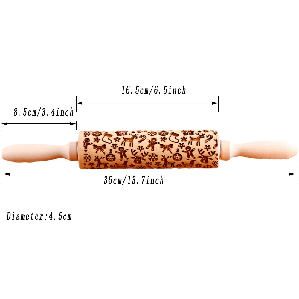 BakeJoy™ – Wooden Embossed Rolling Pin with Festive Christmas Patterns