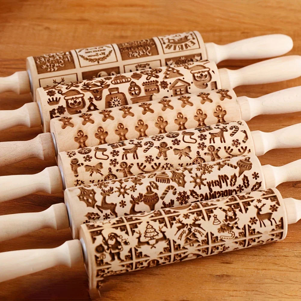 BakeJoy™ – Wooden Embossed Rolling Pin with Festive Christmas Patterns