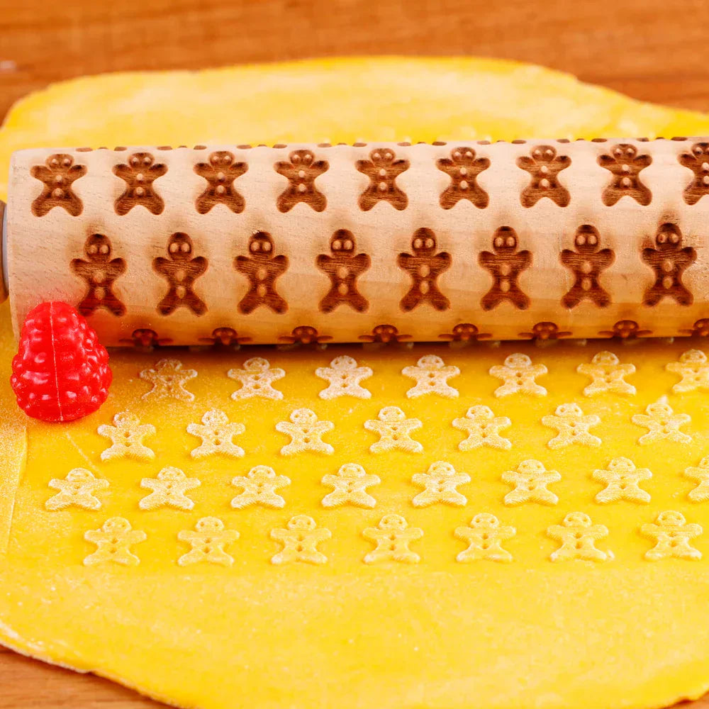 BakeJoy™ – Wooden Embossed Rolling Pin with Festive Christmas Patterns