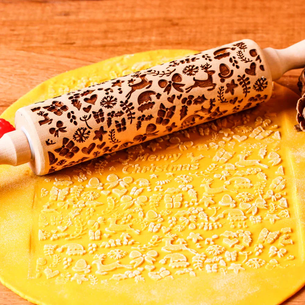 BakeJoy™ – Wooden Embossed Rolling Pin with Festive Christmas Patterns