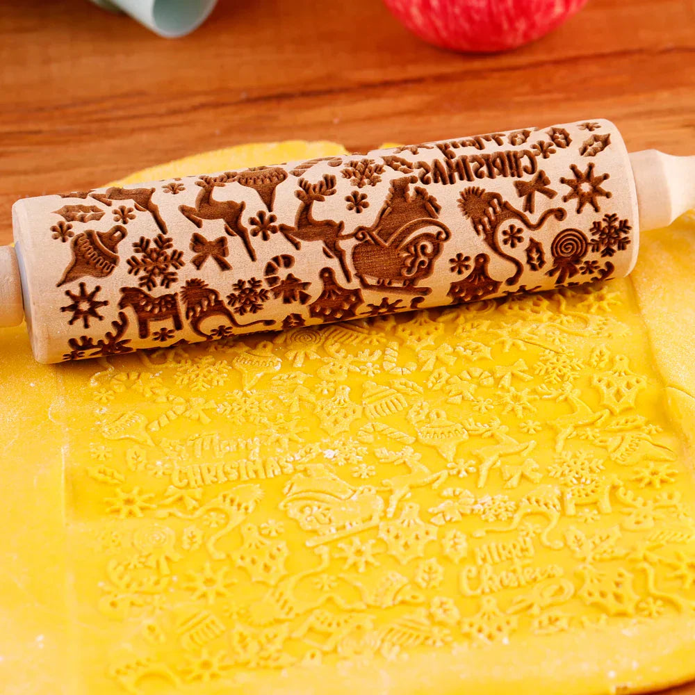 BakeJoy™ – Wooden Embossed Rolling Pin with Festive Christmas Patterns