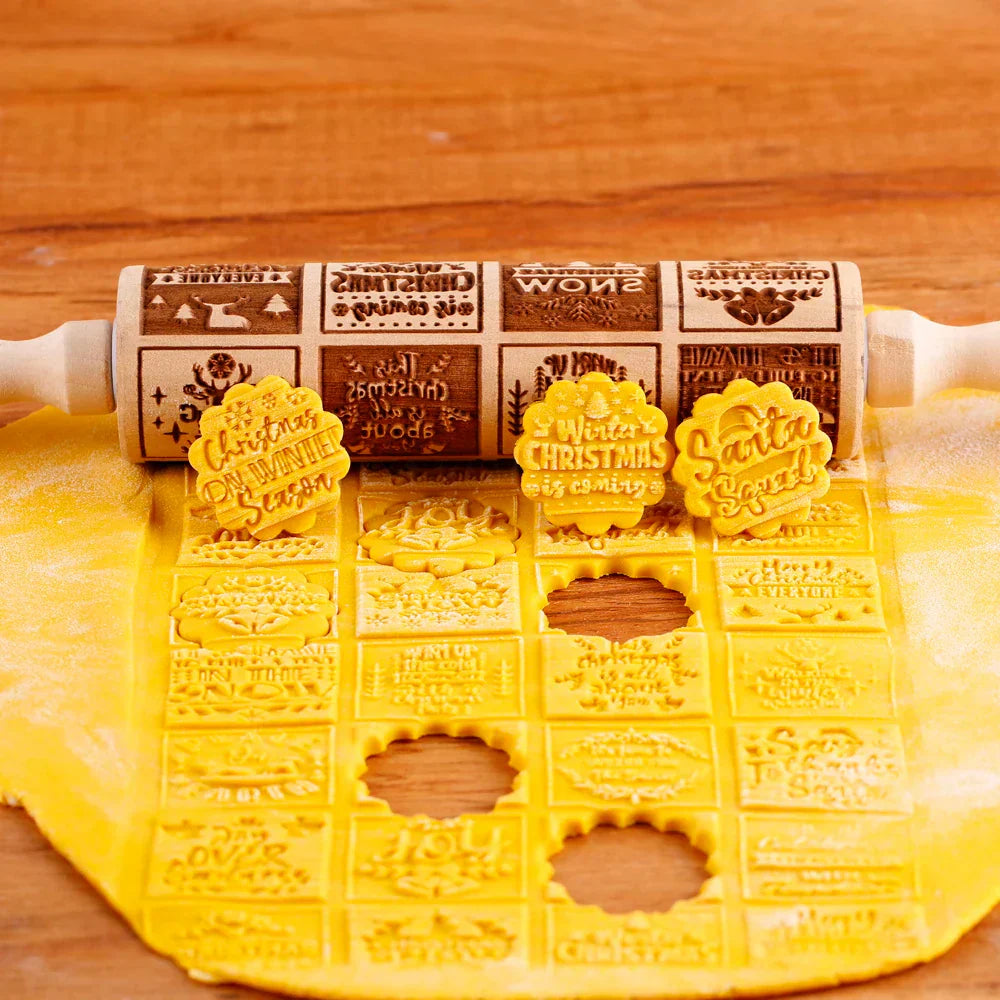 BakeJoy™ – Wooden Embossed Rolling Pin with Festive Christmas Patterns