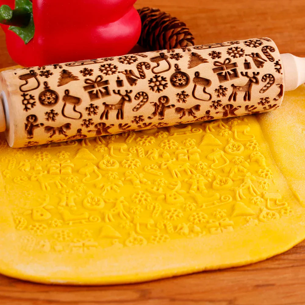 BakeJoy™ – Wooden Embossed Rolling Pin with Festive Christmas Patterns